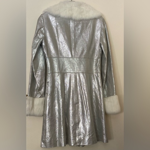 BEBE Leather Coat Jacket XS Y2K Metallic Silver with Fur Trim - Picture 3 of 5
